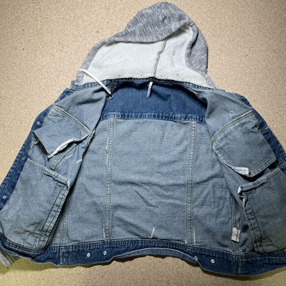 Free People Jacket Denim And Knit Hooded  Y2K  Distressed Indie size M A3 - Picture 4 of 7